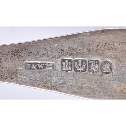 100 - A VERY LARGE PAIR OF MID 19TH CENTURY SCOTTISH SILVER BASTING SPOONS. Edinburgh 1839. 274 grams. 32 ... 