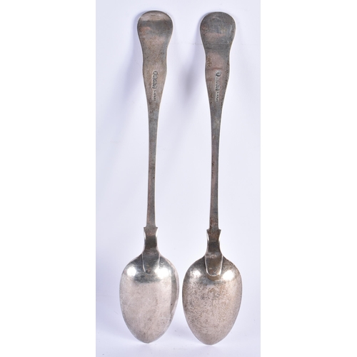 100 - A VERY LARGE PAIR OF MID 19TH CENTURY SCOTTISH SILVER BASTING SPOONS. Edinburgh 1839. 274 grams. 32 ... 
