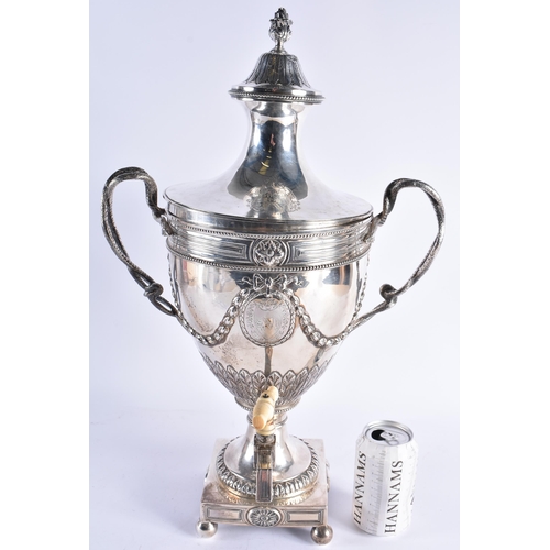106 - A GOOD GEORGE III SILVER ADAM-STYLE TEA URN with leaf cast finial and coat of arms to the lift of li... 