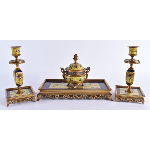 108 - A FINE 19TH CENTURY FRENCH BRONZE AND CHAMPLEVE ENAMEL DESK GARNITURE in the manner of Barbedienne, ... 