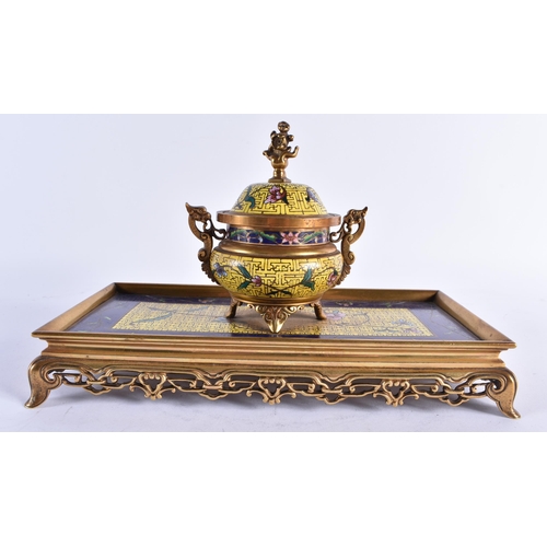 108 - A FINE 19TH CENTURY FRENCH BRONZE AND CHAMPLEVE ENAMEL DESK GARNITURE in the manner of Barbedienne, ... 