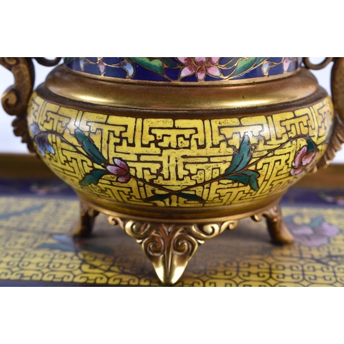 108 - A FINE 19TH CENTURY FRENCH BRONZE AND CHAMPLEVE ENAMEL DESK GARNITURE in the manner of Barbedienne, ... 