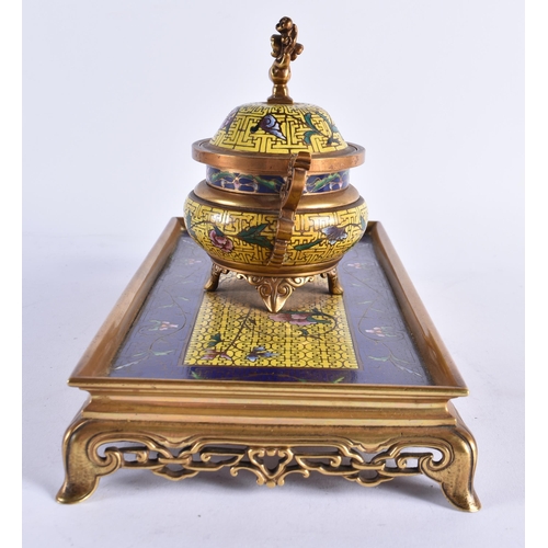 108 - A FINE 19TH CENTURY FRENCH BRONZE AND CHAMPLEVE ENAMEL DESK GARNITURE in the manner of Barbedienne, ... 