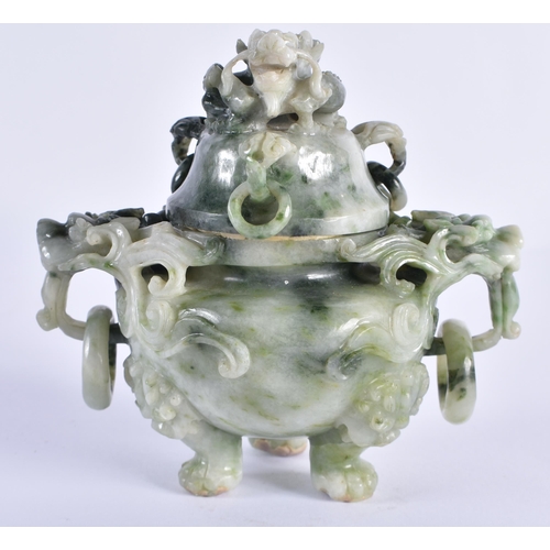 111 - AN EARLY 20TH CENTURY CHINESE CARVED JADEITE CENSER AND COVER Late Qing/Republic. 12 cm x 10 cm.
