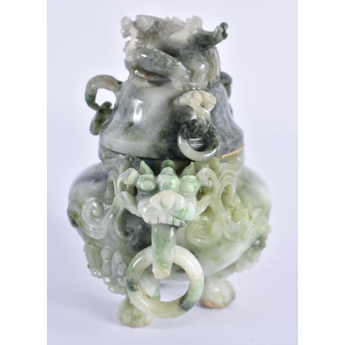 111 - AN EARLY 20TH CENTURY CHINESE CARVED JADEITE CENSER AND COVER Late Qing/Republic. 12 cm x 10 cm.
