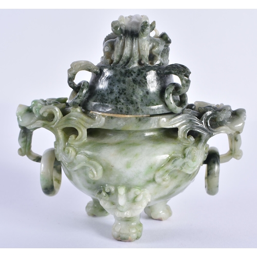 111 - AN EARLY 20TH CENTURY CHINESE CARVED JADEITE CENSER AND COVER Late Qing/Republic. 12 cm x 10 cm.