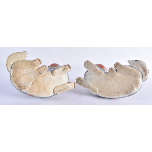 114 - A PAIR OF EARLY 19TH CENTURY CHINESE CANTON FAMILLE ROSE JOSS STICK HOLDERS Qing, modelled as coral ... 