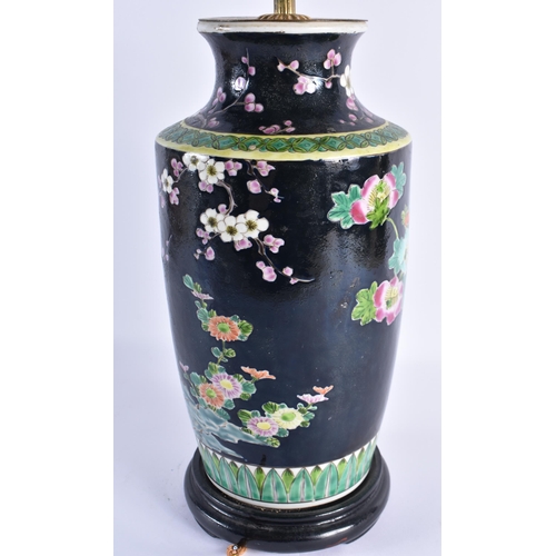122 - A 19TH CENTURY JAPANESE MEIJI PERIOD COUNTRY HOUSE AO KUTANI NOIRE LAMP painted with birds and folia... 