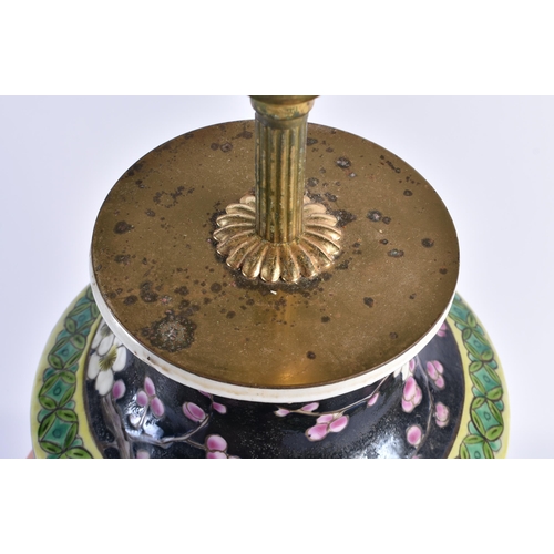 122 - A 19TH CENTURY JAPANESE MEIJI PERIOD COUNTRY HOUSE AO KUTANI NOIRE LAMP painted with birds and folia... 