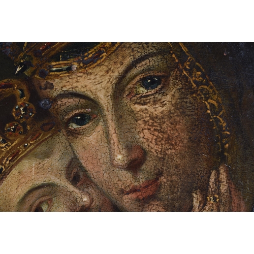 123 - A LOVELY LARGE EARLY 18TH CENTURY CONTINENTAL OIL ON TIN PAINTING depicting a Queen holding her youn... 