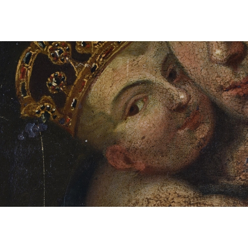 123 - A LOVELY LARGE EARLY 18TH CENTURY CONTINENTAL OIL ON TIN PAINTING depicting a Queen holding her youn... 