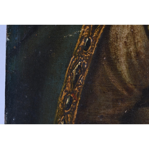 123 - A LOVELY LARGE EARLY 18TH CENTURY CONTINENTAL OIL ON TIN PAINTING depicting a Queen holding her youn... 