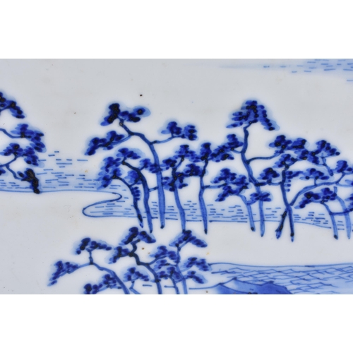 132 - A 19TH CENTURY JAPANESE MEIJI PERIOD BLUE AND WHITE PORCELAIN TRAY painted with landscapes and Mt Fu... 