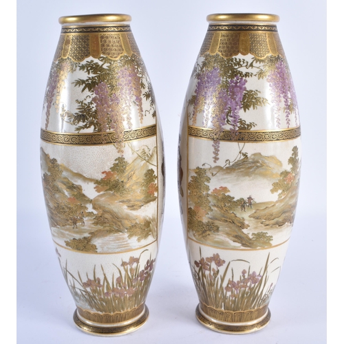 134 - A PAIR OF LATE 19TH CENTURY JAPANESE MEIJI PERIOD SATSUMA POTTERY VASES painted with a group of geis... 
