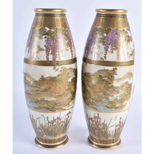 134 - A PAIR OF LATE 19TH CENTURY JAPANESE MEIJI PERIOD SATSUMA POTTERY VASES painted with a group of geis... 