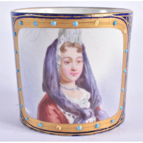 143 - AN EARLY 19TH CENTURY FRENCH SEVRES JEWELLED PORCELAIN CABINET CUP AND SAUCER painted with a portrai... 