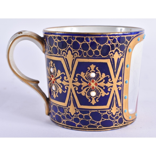 143 - AN EARLY 19TH CENTURY FRENCH SEVRES JEWELLED PORCELAIN CABINET CUP AND SAUCER painted with a portrai... 