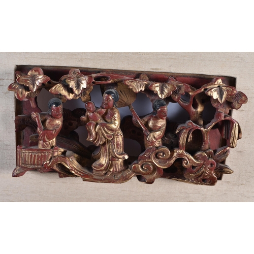 148 - A SET OF FIVE 19TH CENTURY CHINESE CARVED WOOD TEMPLE PANELS Qing. Largest 38 cm x 28 cm. (5)