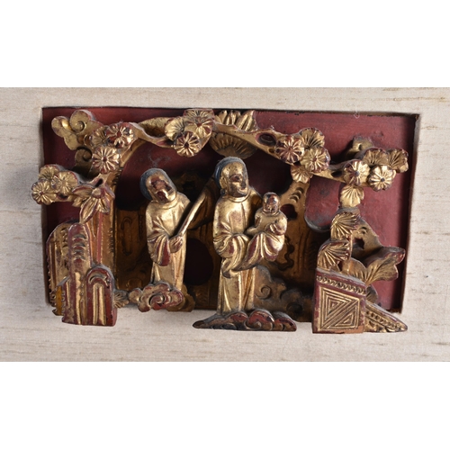 148 - A SET OF FIVE 19TH CENTURY CHINESE CARVED WOOD TEMPLE PANELS Qing. Largest 38 cm x 28 cm. (5)