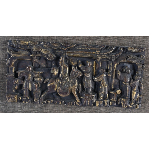 148 - A SET OF FIVE 19TH CENTURY CHINESE CARVED WOOD TEMPLE PANELS Qing. Largest 38 cm x 28 cm. (5)