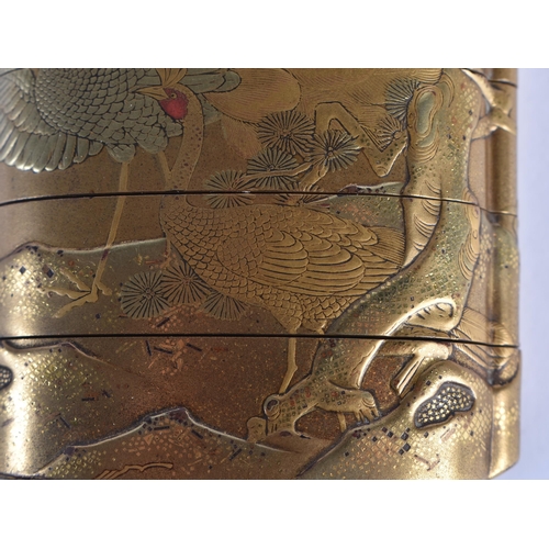 153 - A FINE 19TH CENTURY JAPANESE MEIJI PERIOD GOLD LACQUER FIVE CASE INRO decorated with birds and nativ... 