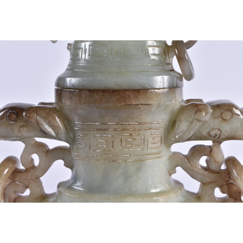 163 - AN EARLY 20TH CENTURY CHINESE CARVED TWIN HANDLED JADE VASE AND COVER Late Qing/Republic. 19 cm x 10... 