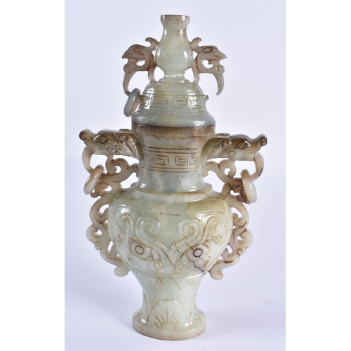 163 - AN EARLY 20TH CENTURY CHINESE CARVED TWIN HANDLED JADE VASE AND COVER Late Qing/Republic. 19 cm x 10... 