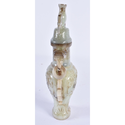 163 - AN EARLY 20TH CENTURY CHINESE CARVED TWIN HANDLED JADE VASE AND COVER Late Qing/Republic. 19 cm x 10... 