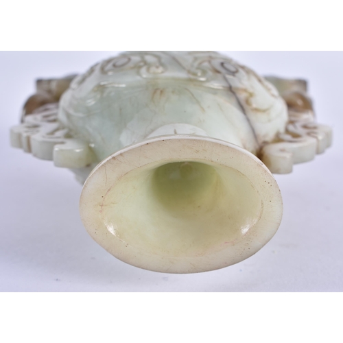 163 - AN EARLY 20TH CENTURY CHINESE CARVED TWIN HANDLED JADE VASE AND COVER Late Qing/Republic. 19 cm x 10... 