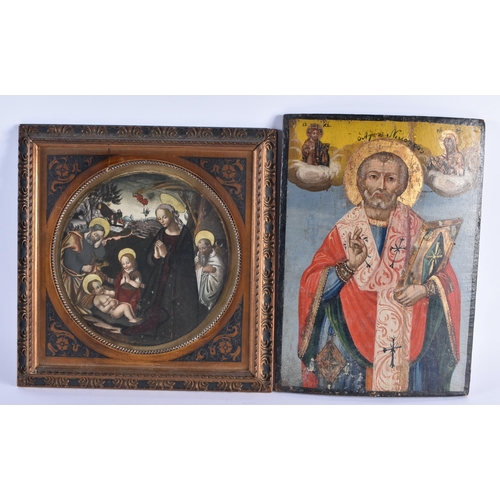 77 - AN ANTIQUE RUSSIAN PAINTED WOOD ICON together with a framed Italian picture. Largest 30 cm x 22 cm. ... 