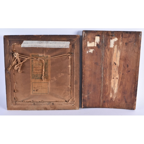 77 - AN ANTIQUE RUSSIAN PAINTED WOOD ICON together with a framed Italian picture. Largest 30 cm x 22 cm. ... 