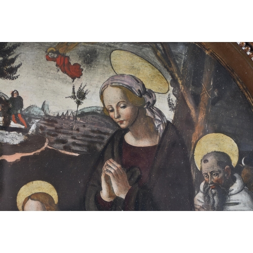 77 - AN ANTIQUE RUSSIAN PAINTED WOOD ICON together with a framed Italian picture. Largest 30 cm x 22 cm. ... 