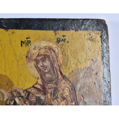 77 - AN ANTIQUE RUSSIAN PAINTED WOOD ICON together with a framed Italian picture. Largest 30 cm x 22 cm. ... 