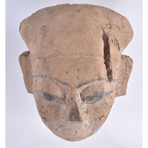 79 - A FINE AND LARGE EGYPTIAN CARVED WOOD MUMMY MASK Late Period 664-40 BC. 42 cm x 28 cm.