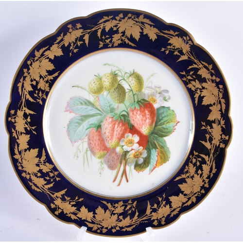 87 - A PAIR OF LATE 19TH CENTURY FRENCH SEVRES PORCELAIN CABINET PLATES painted with panels of fruit, und... 