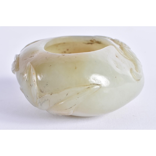 89 - A GOOD 19TH CENTURY CHINESE CARVED JADE BRUSH WASHER Qing, of well hollowed form, overlaid with bats... 