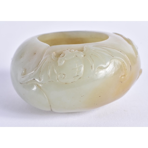 89 - A GOOD 19TH CENTURY CHINESE CARVED JADE BRUSH WASHER Qing, of well hollowed form, overlaid with bats... 