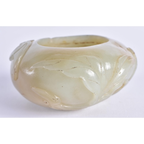 89 - A GOOD 19TH CENTURY CHINESE CARVED JADE BRUSH WASHER Qing, of well hollowed form, overlaid with bats... 