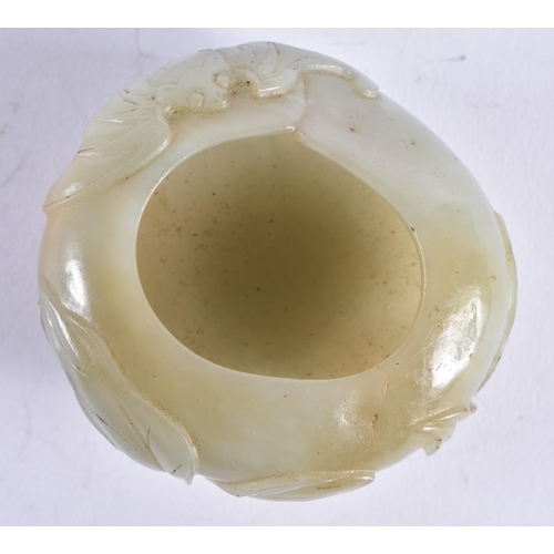 89 - A GOOD 19TH CENTURY CHINESE CARVED JADE BRUSH WASHER Qing, of well hollowed form, overlaid with bats... 