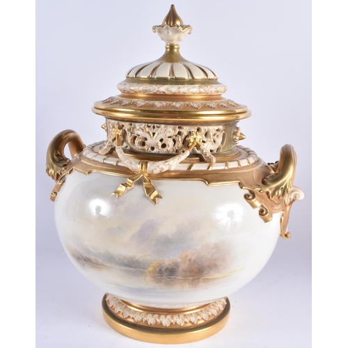 91 - A FINE LARGE ROYAL WORCESTER PORCELAIN POT POURRI AND COVER by John Stinton, beautifully painted wit... 