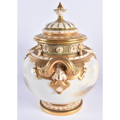 91 - A FINE LARGE ROYAL WORCESTER PORCELAIN POT POURRI AND COVER by John Stinton, beautifully painted wit... 