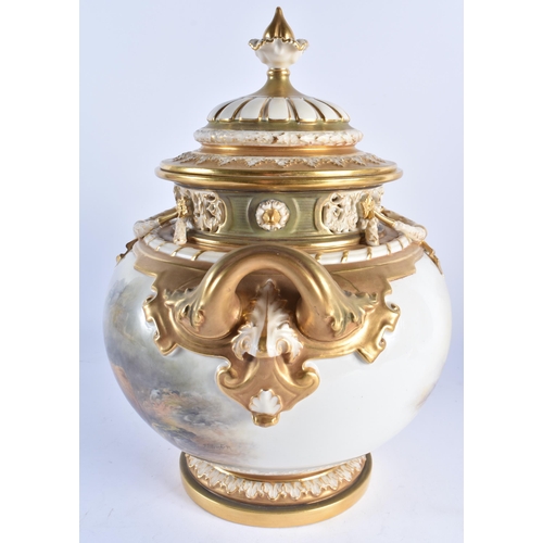 91 - A FINE LARGE ROYAL WORCESTER PORCELAIN POT POURRI AND COVER by John Stinton, beautifully painted wit... 