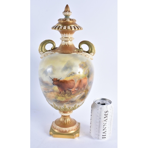 92 - A FINE LARGE ROYAL WORCESTER PORCELAIN TWIN HANDLED VASE AND COVER by John Stinton, painted with two... 