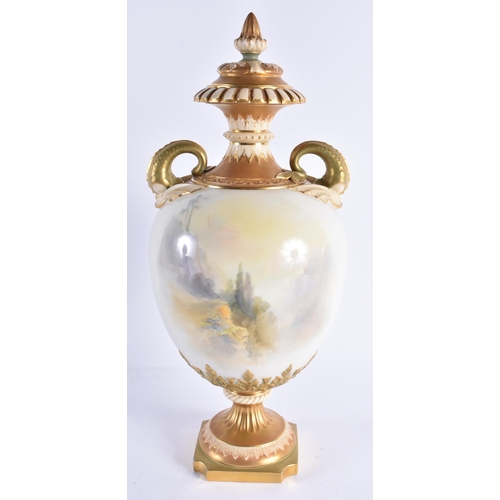 92 - A FINE LARGE ROYAL WORCESTER PORCELAIN TWIN HANDLED VASE AND COVER by John Stinton, painted with two... 