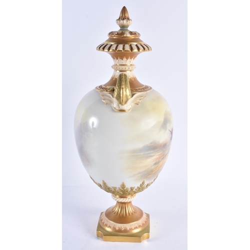 92 - A FINE LARGE ROYAL WORCESTER PORCELAIN TWIN HANDLED VASE AND COVER by John Stinton, painted with two... 