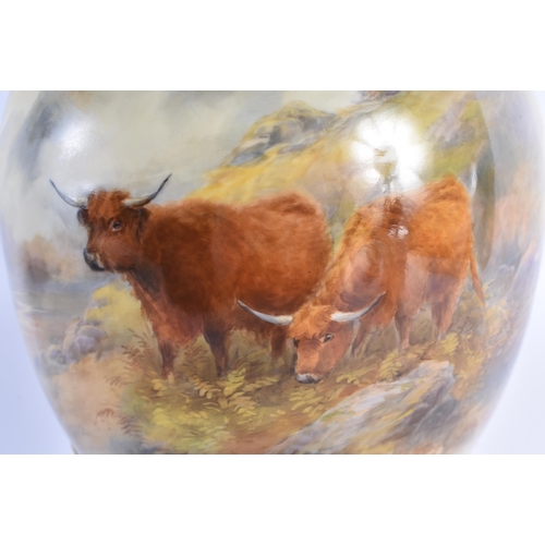 92 - A FINE LARGE ROYAL WORCESTER PORCELAIN TWIN HANDLED VASE AND COVER by John Stinton, painted with two... 