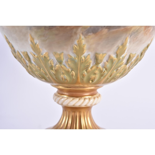 92 - A FINE LARGE ROYAL WORCESTER PORCELAIN TWIN HANDLED VASE AND COVER by John Stinton, painted with two... 