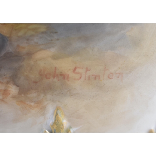 92 - A FINE LARGE ROYAL WORCESTER PORCELAIN TWIN HANDLED VASE AND COVER by John Stinton, painted with two... 