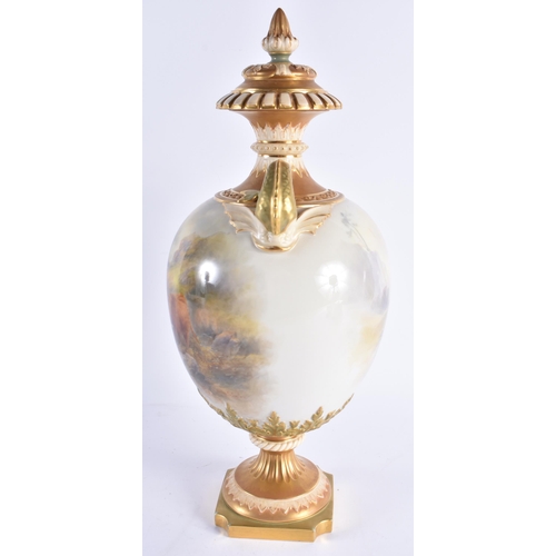 92 - A FINE LARGE ROYAL WORCESTER PORCELAIN TWIN HANDLED VASE AND COVER by John Stinton, painted with two... 