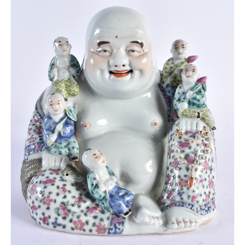 93 - AN EARLY 20TH CENTURY CHINESE FAMILLE ROSE PORCELAIN FIGURE OF A BUDDHA Late Qing/Republic, modelled... 
